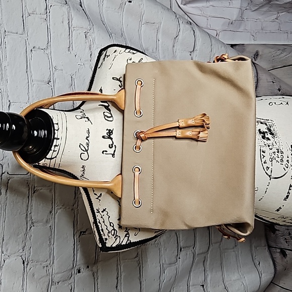 Dooney & Bourke Canvas Shoulder Bag Tan/Taupe w/ Light Brown Leather - Picture 1 of 9